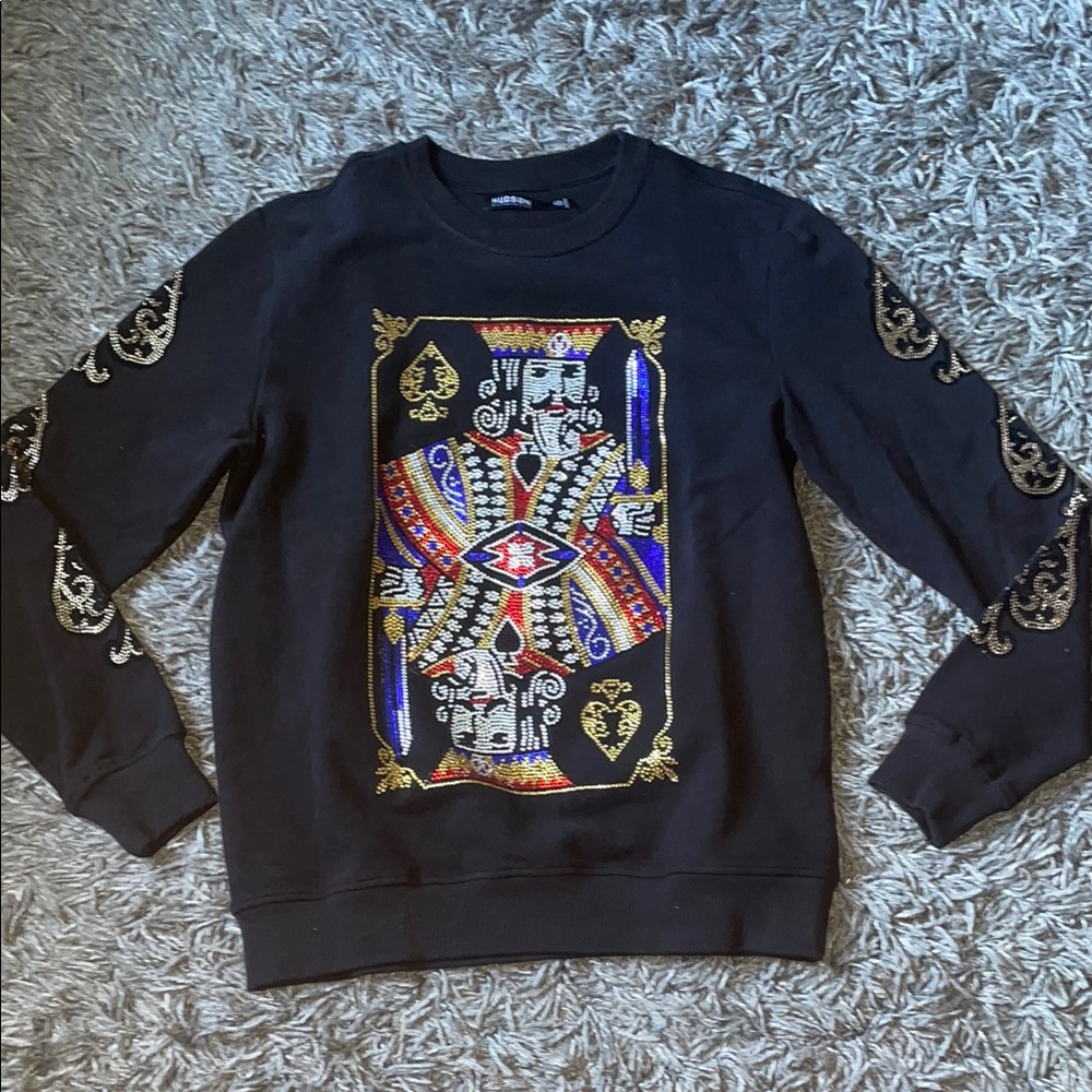Hudson Black Graphic king of spade bedazzled embroidered gems Sweater size m
